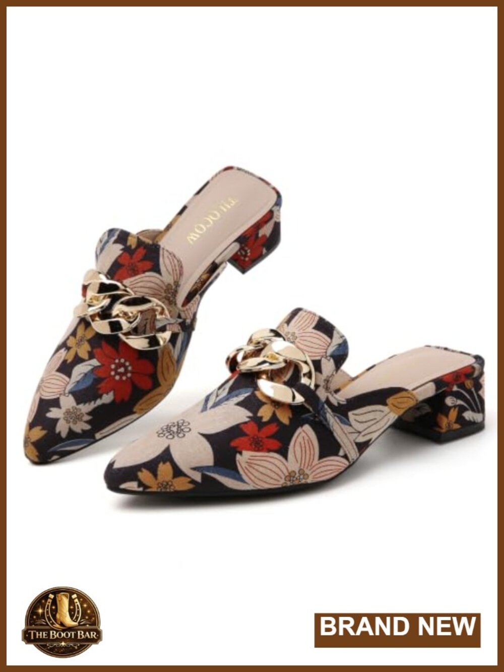 Metal Chain Heeled Mules Closed Toe Slip On